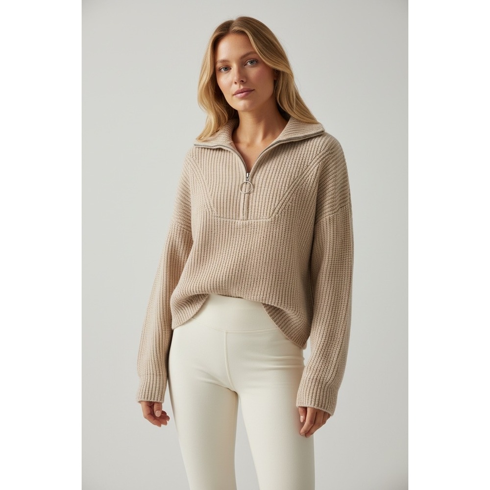George Womens Quarter Zip Ribbed Knit Sweater Size Large Beige Oatmeal Pullover